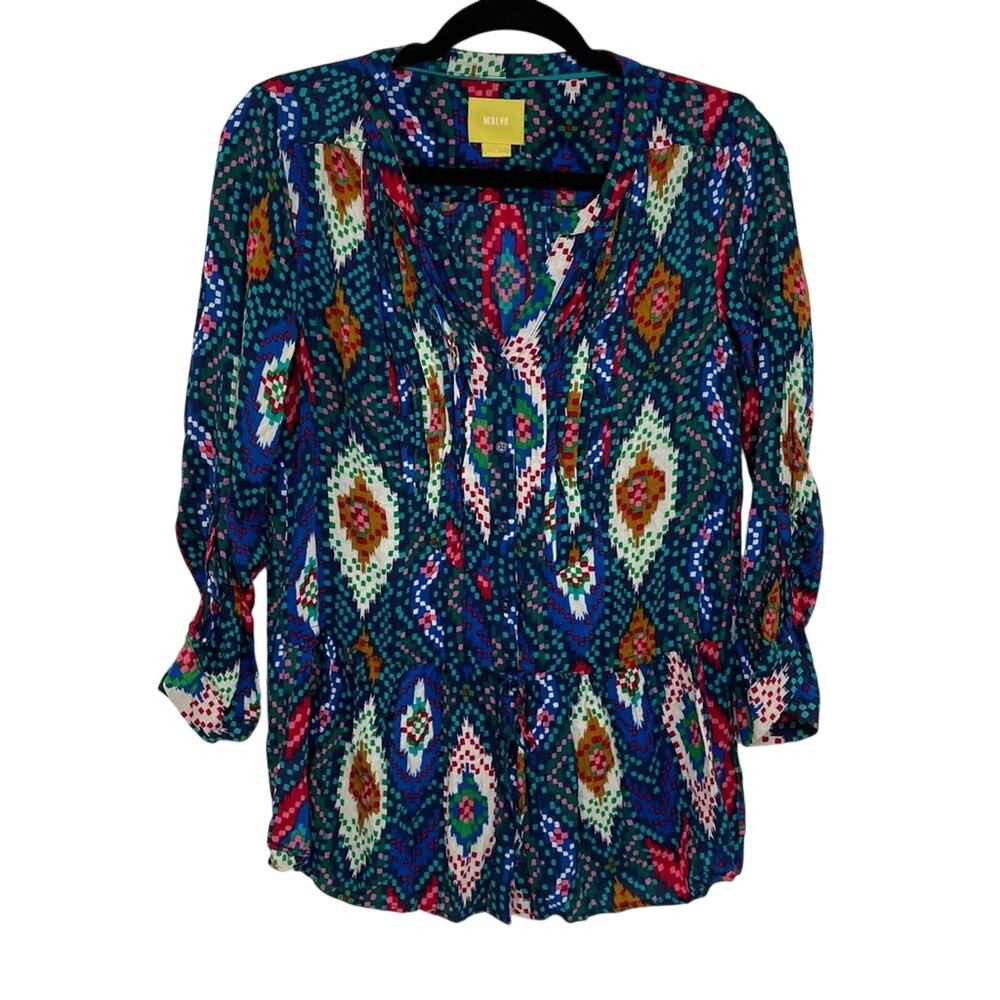 Maeve Anthropologie Blue Confetti Peplum Boho 3/4 Sleeve Blouse Womens 4 Fall